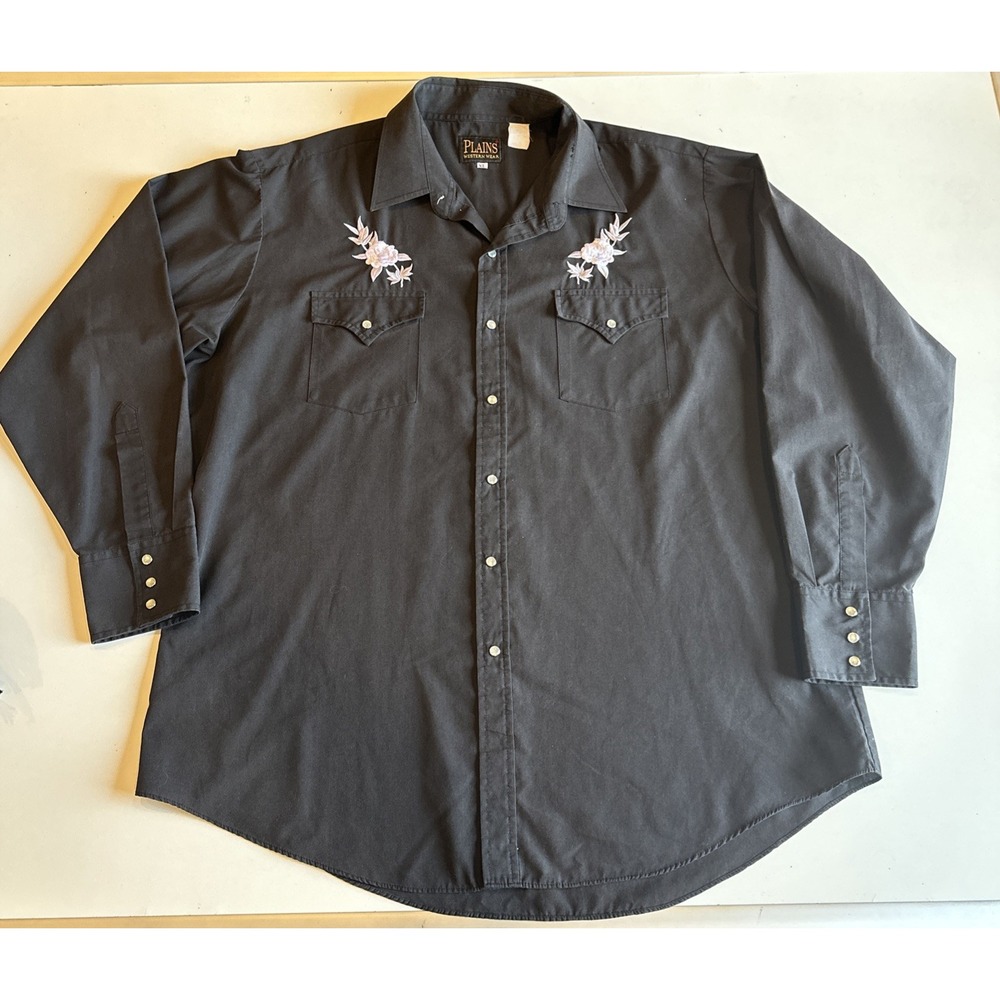 Vtg Plains Black Cowboy Pearl Snap Rose Embroidery Button Up Shirt Rockabilly XL